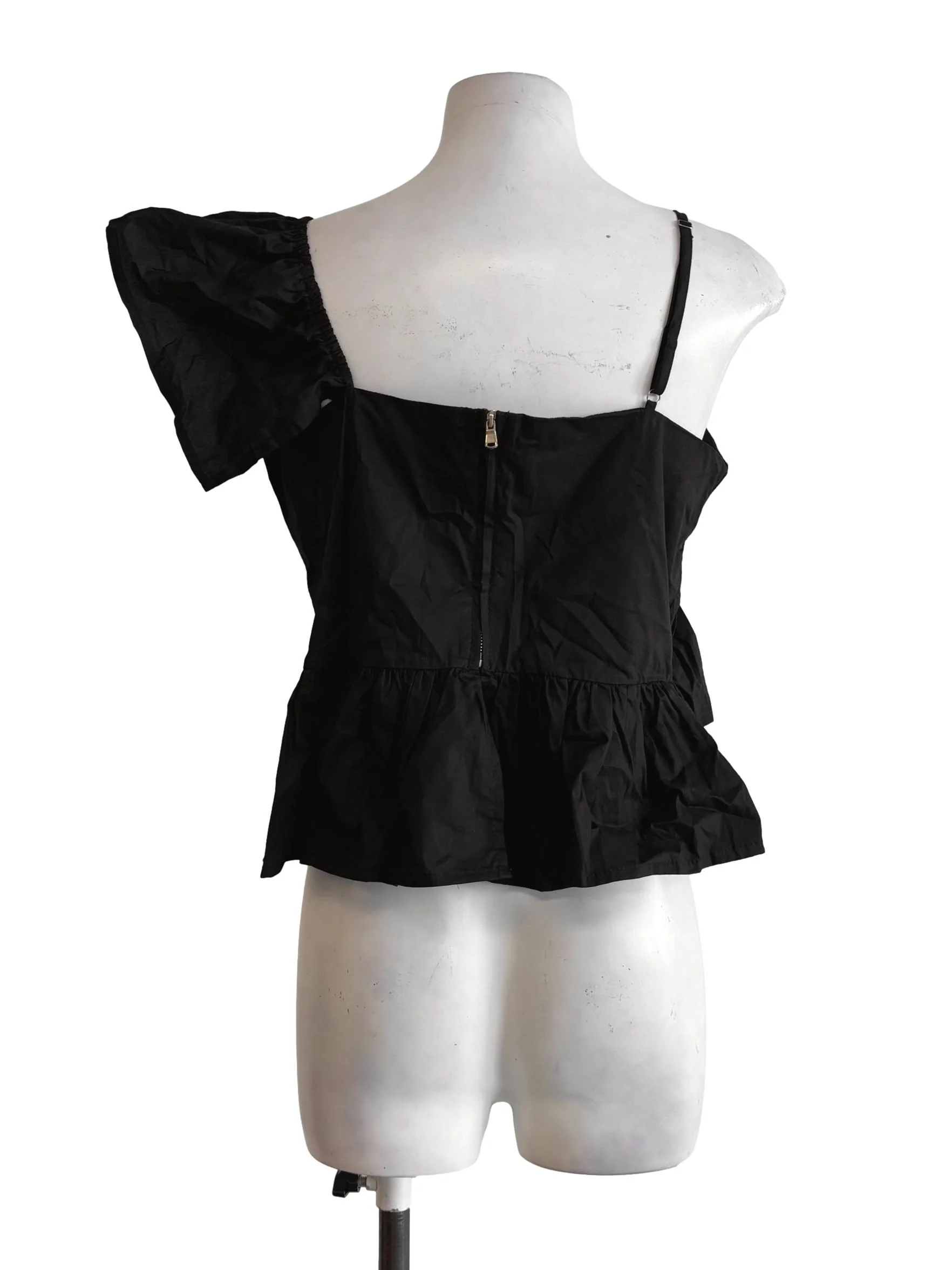 Soft Black One Shoulder Cotton Peplum Top - Image 2