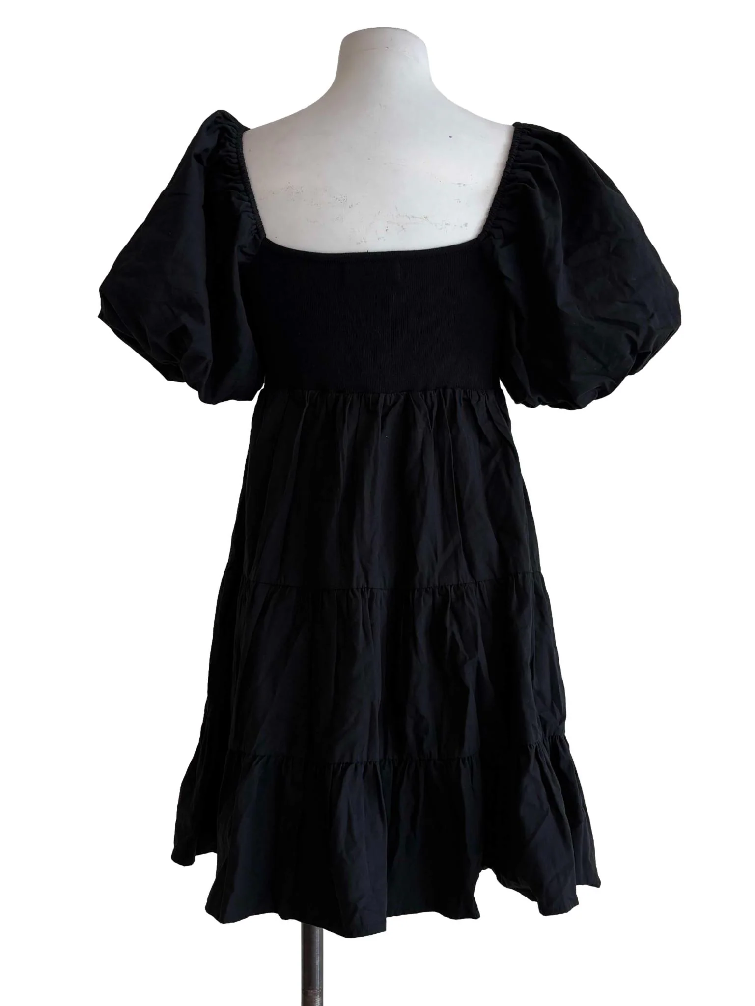 Soft Black Short Puff Sleeve A-Line Dress - Image 2