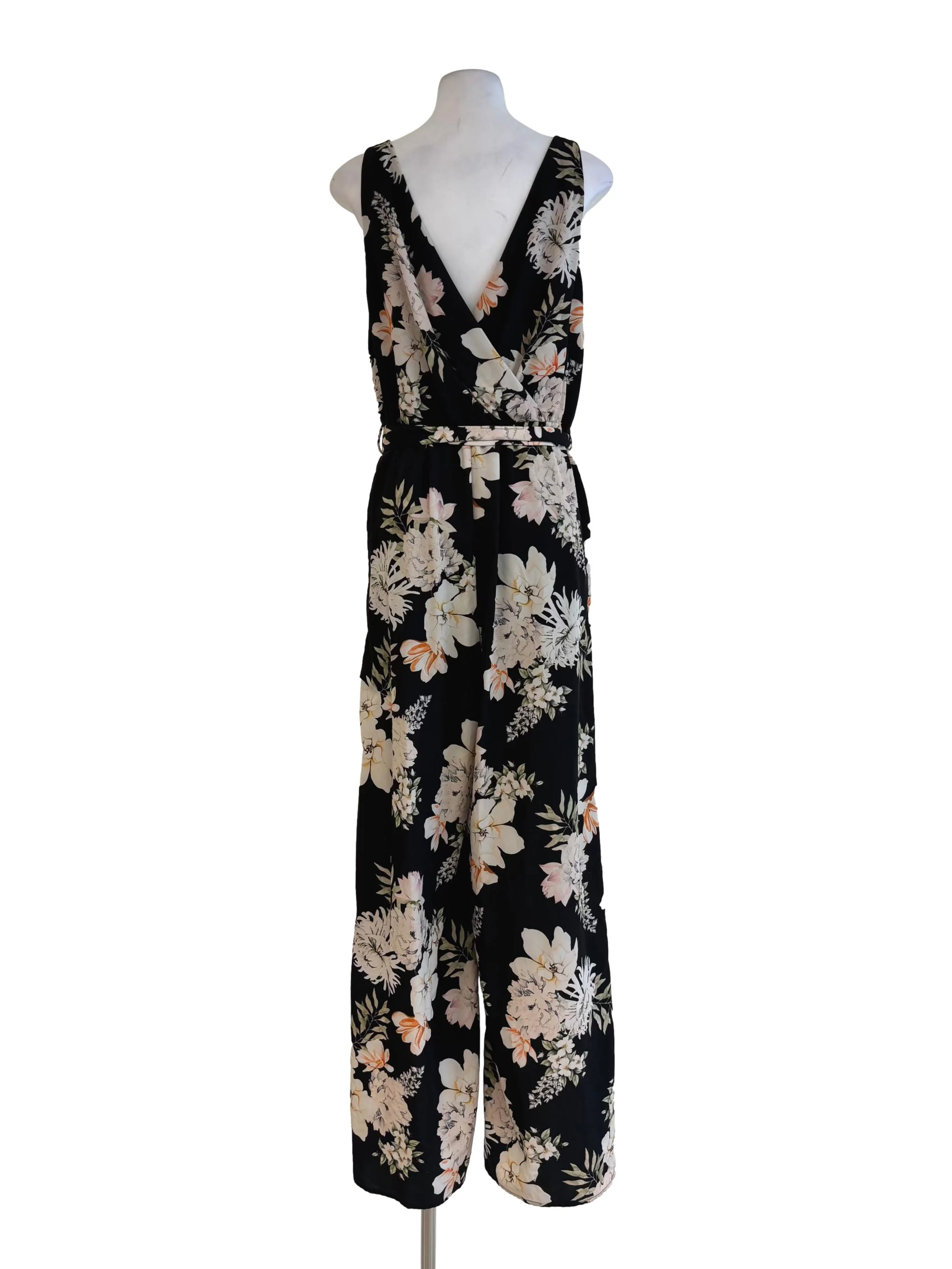 Soft Black White Floral Surplice Jumpsuit - Image 2