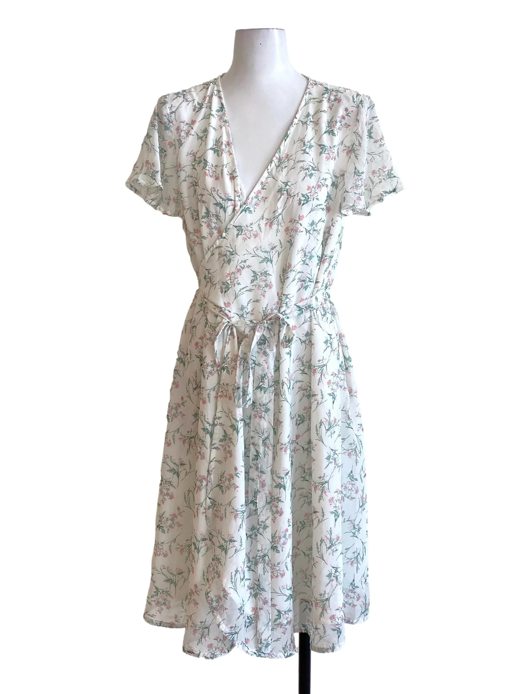 Soft White Floral V-Neck Tie Waist Slip Dress