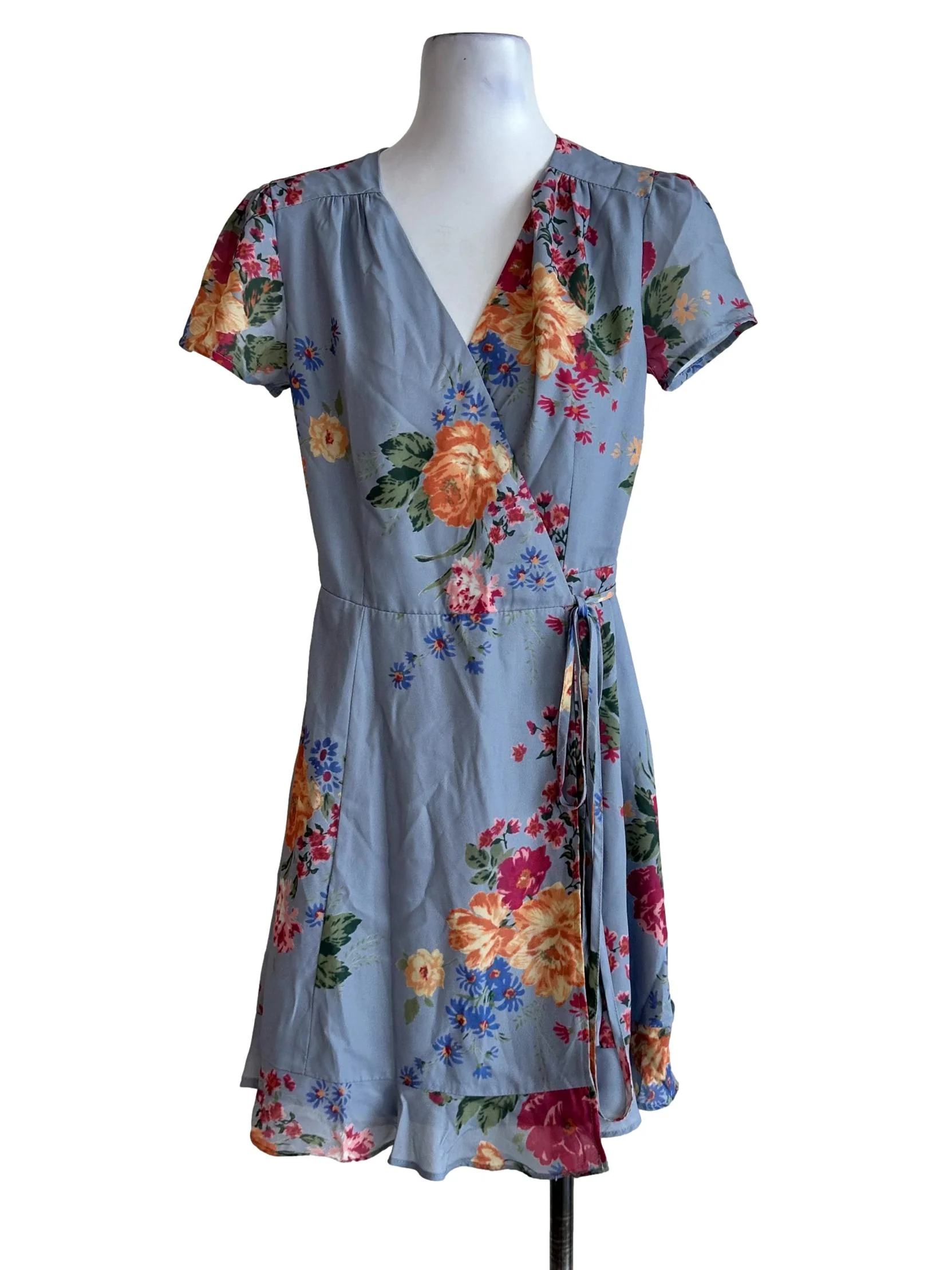 Stone Blue Flower Pattern Wrapped Dress