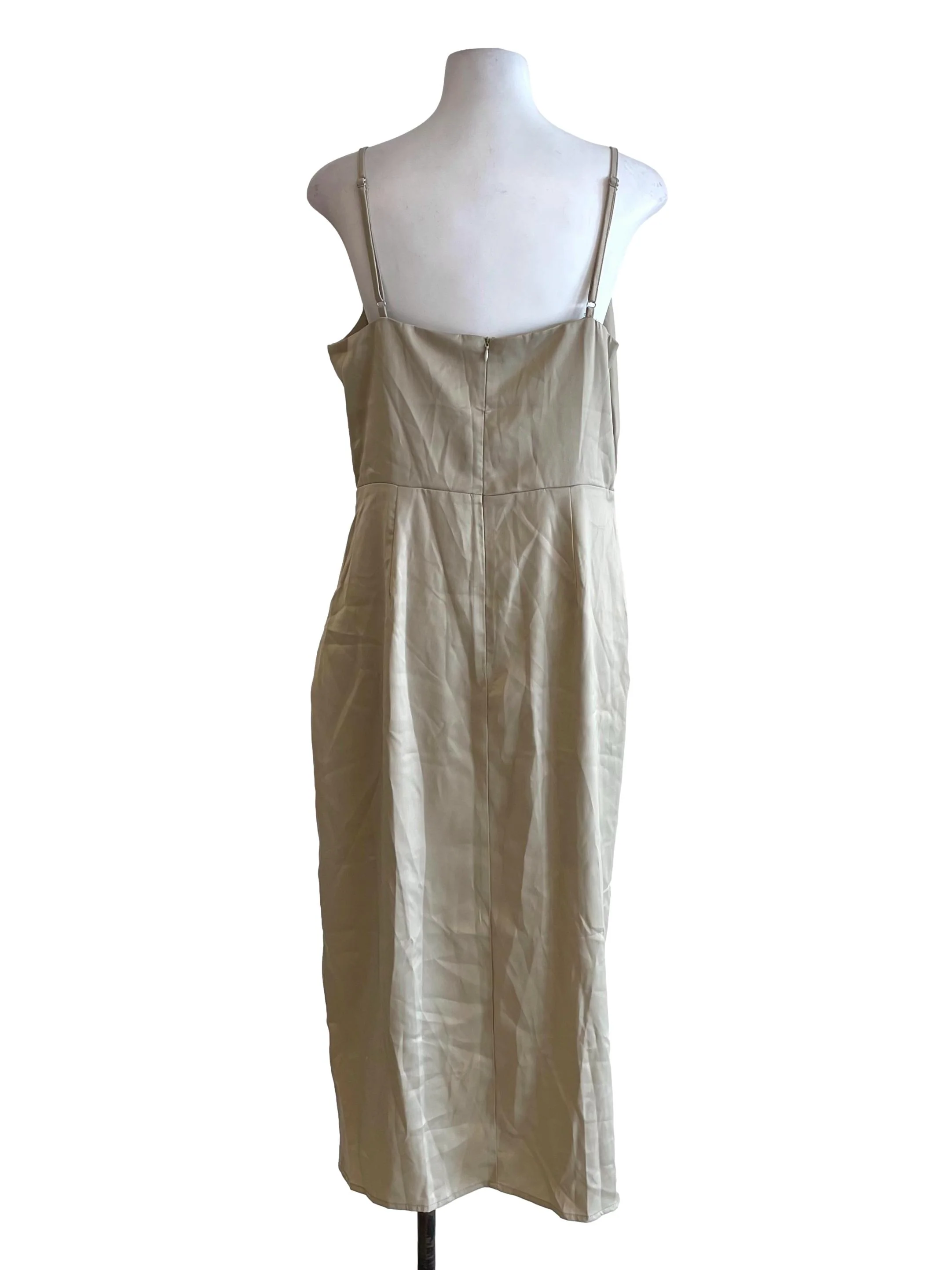 Tan Beige Satin Draped Slip Dress - Image 2