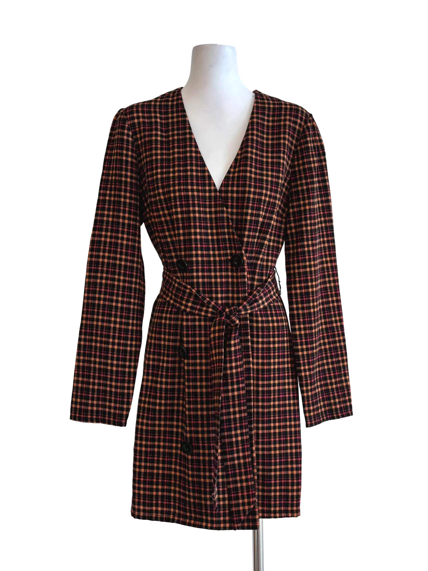 Tangelo Orange Plaid Long Sleeve Dress