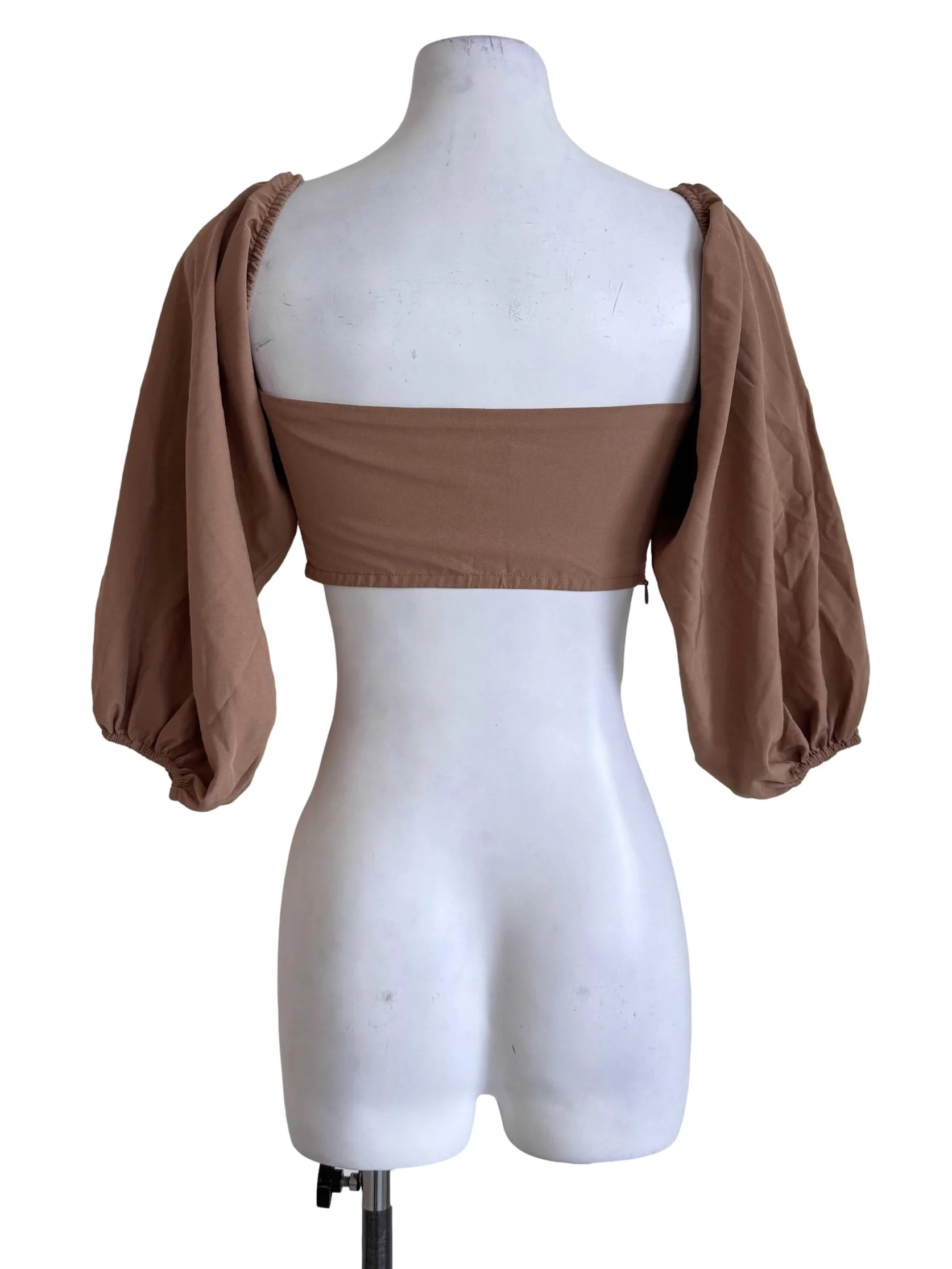 Taupe Brown Puff-Sleeve Crop Top - Image 2