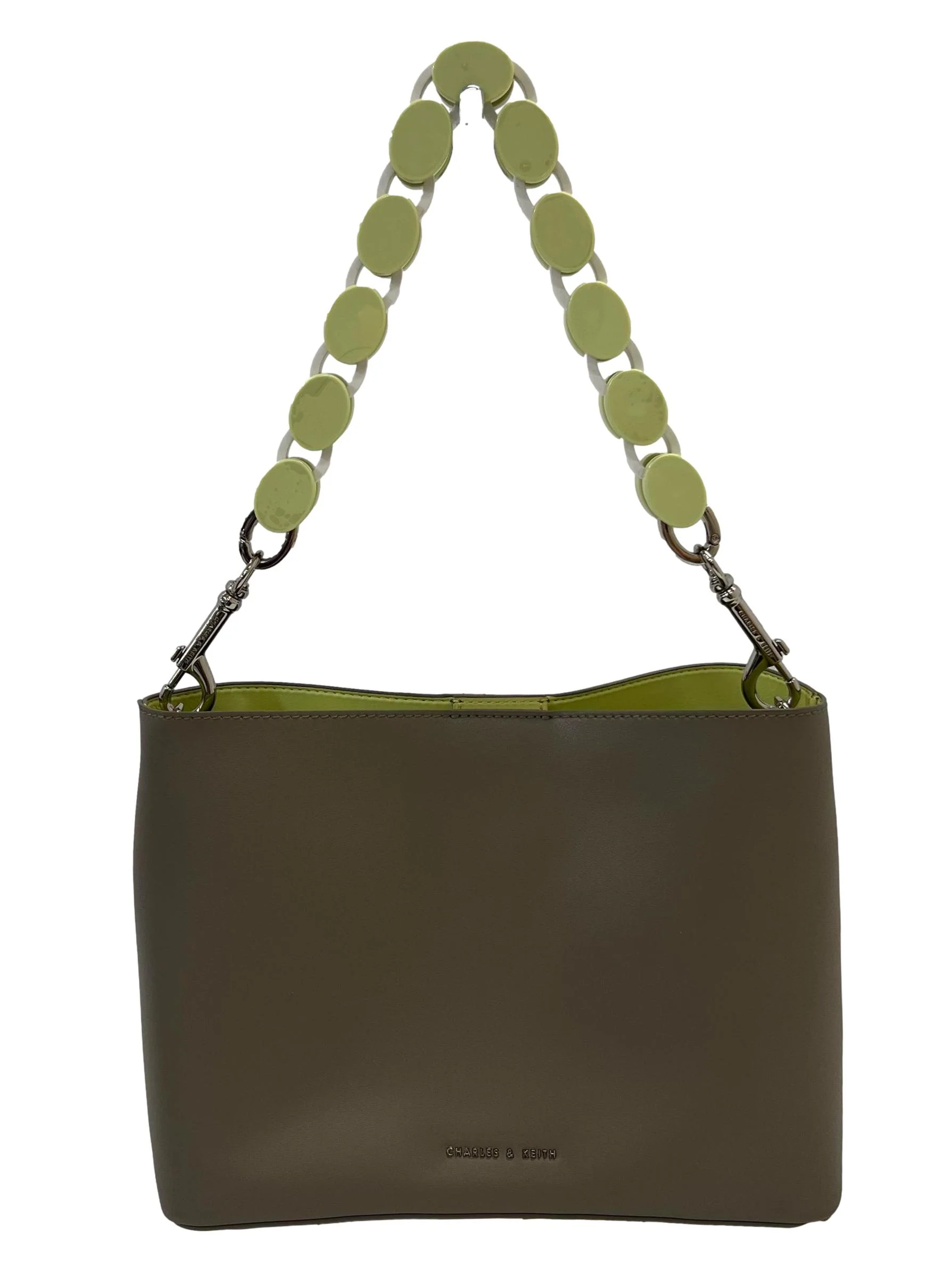 Taupe With Green Acrylic Handle Handbag