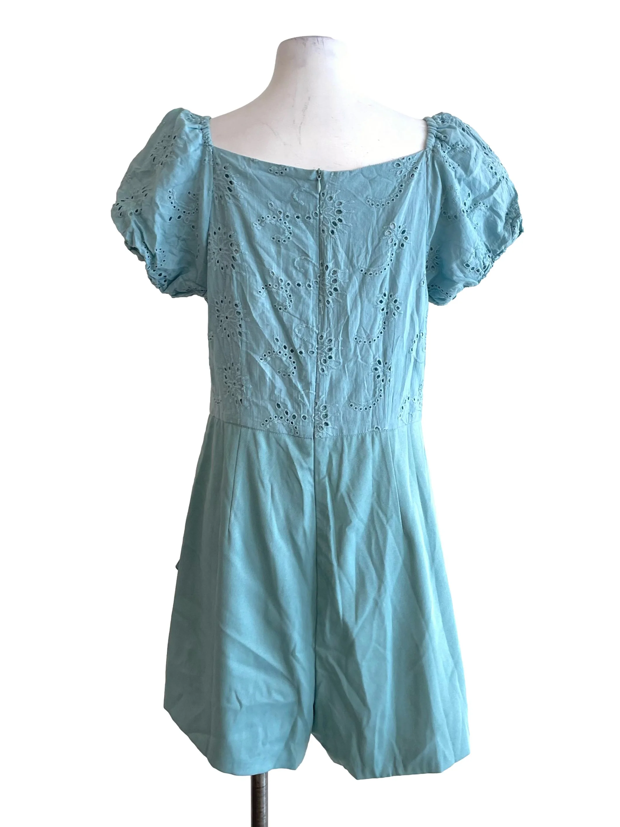 Teal Puff Sleeves Draped Romper - Image 2