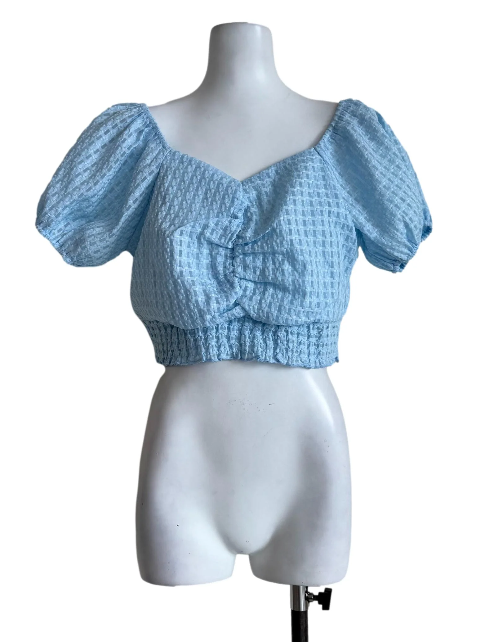 Textured Baby Blue Bubble Sleeve Crop Top