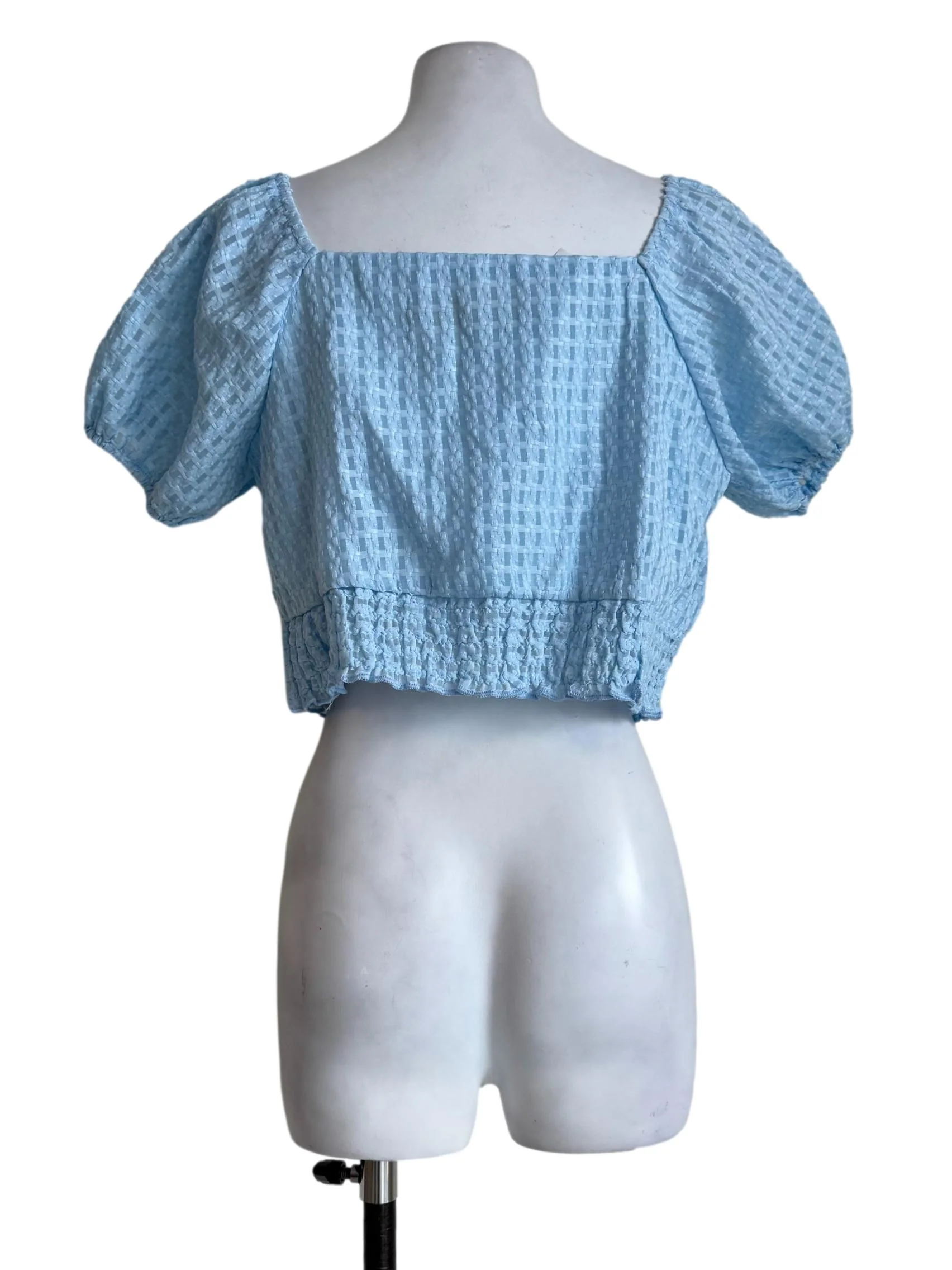 Textured Baby Blue Bubble Sleeve Crop Top - Image 2