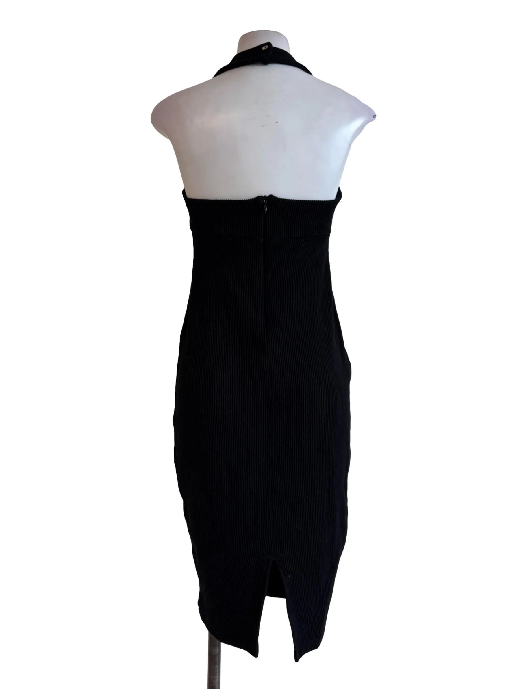 Textured Black Halter Neck Bodycon Dress - Image 2