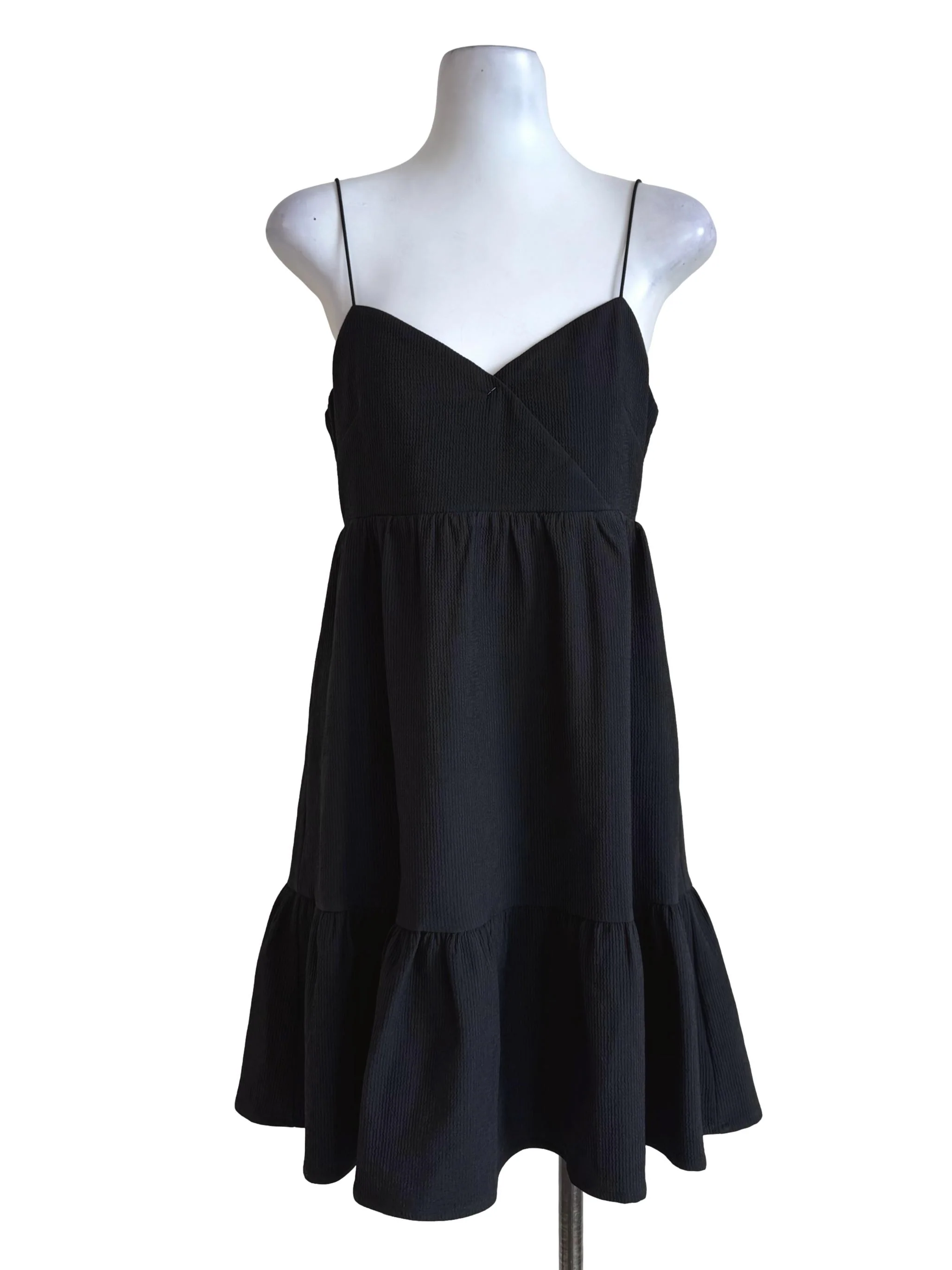 Textured Black V Neck Mini Dress