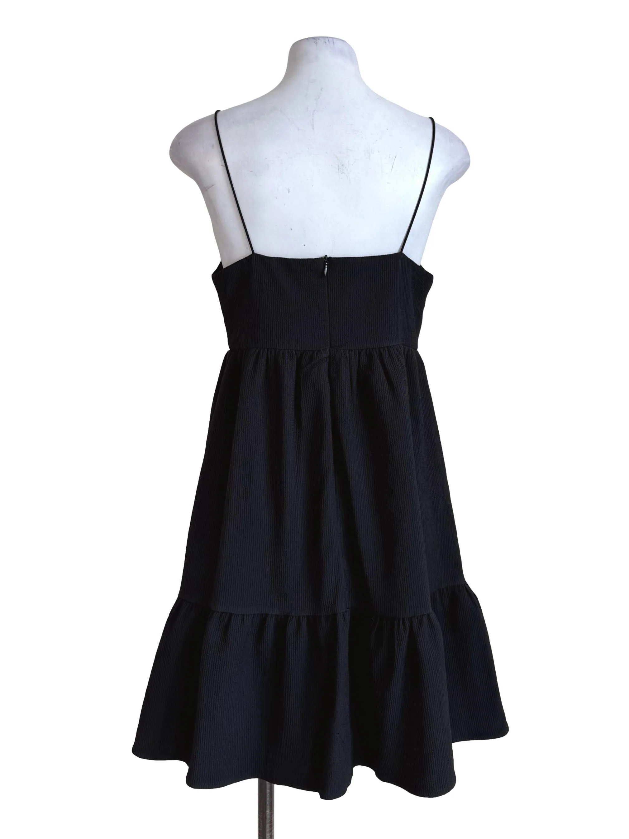 Textured Black V Neck Mini Dress - Image 2