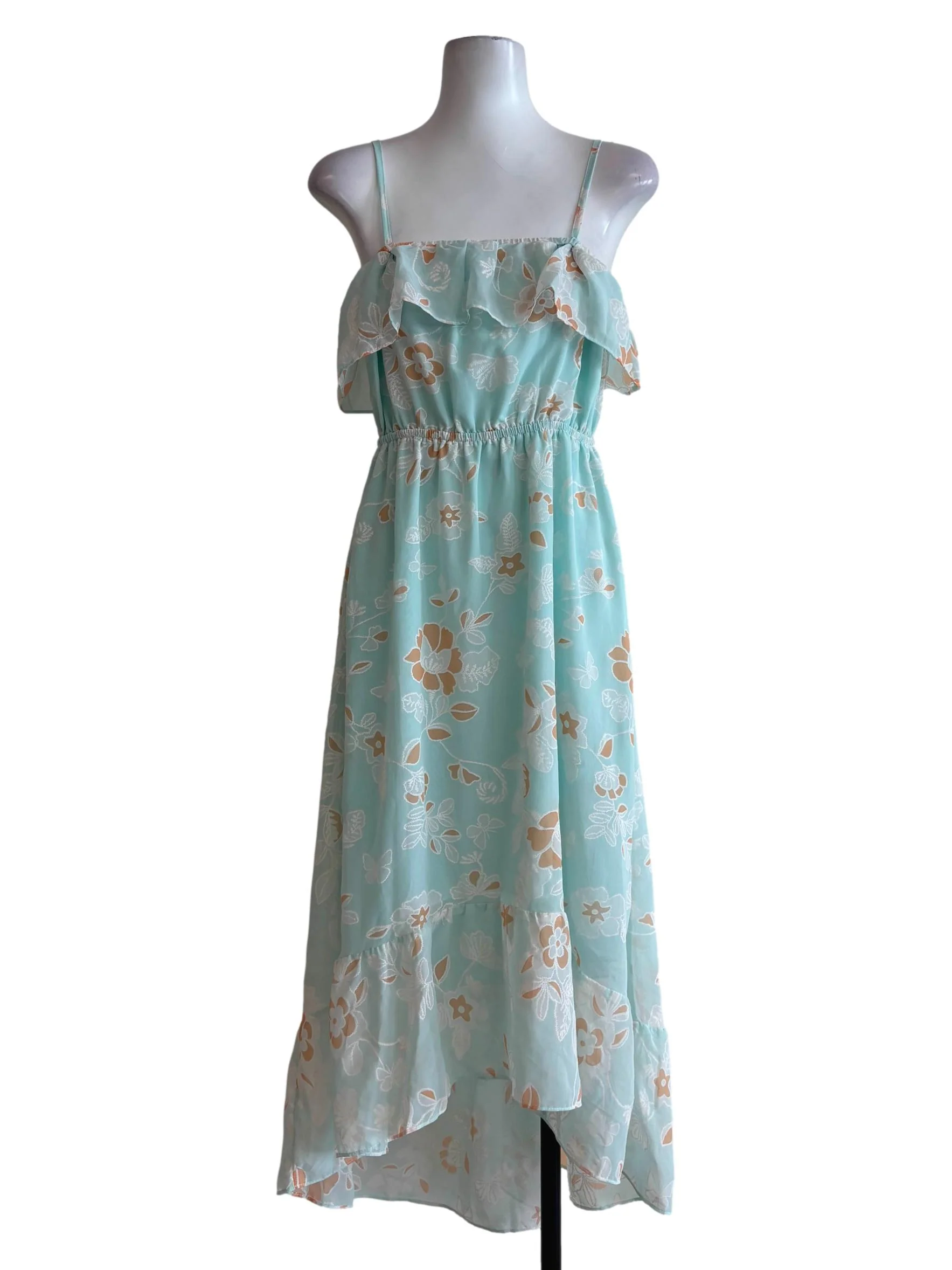 Tiffany Blue Floral Print Flowy Spaghetti Strap Dress