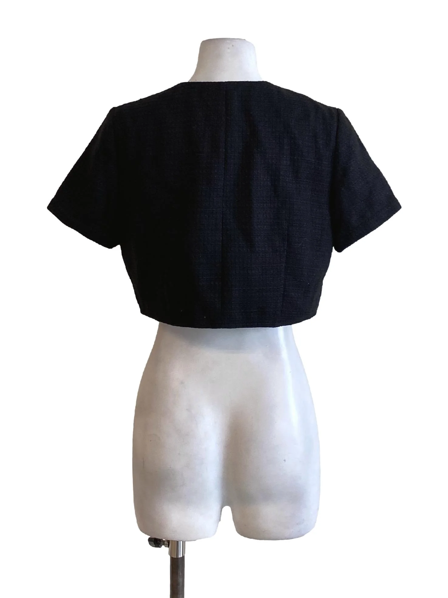 True Black Round Neck Buttoned Down Cropped Tweed Jacket - Image 2