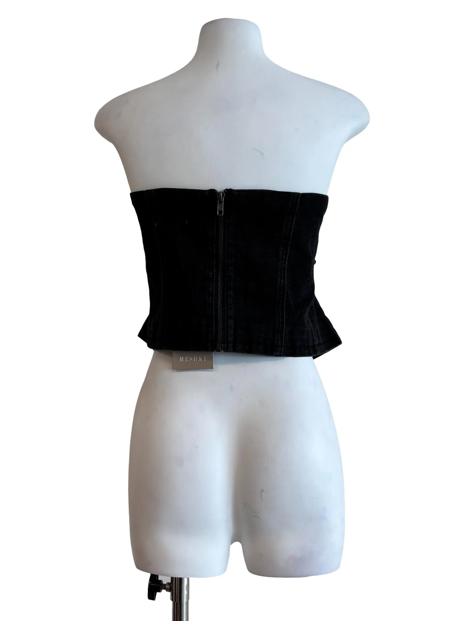 Washed Black Denim Strapless Top - Image 2