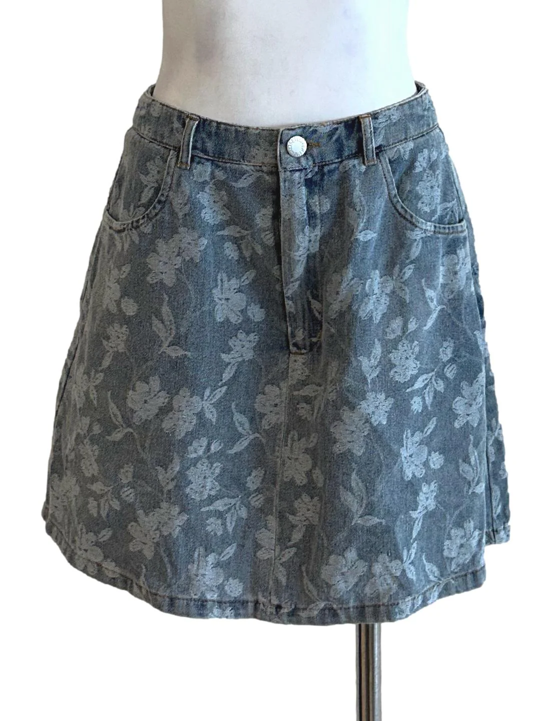 Washed Blue Floral Denim Skirts TCL