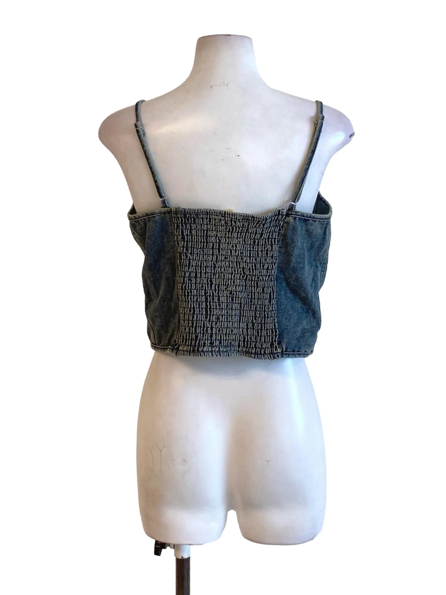 Washed Denim Blue Sweetheart Spaghetti Strap Buttoned Down Denim Cropped Top TTR - Image 2