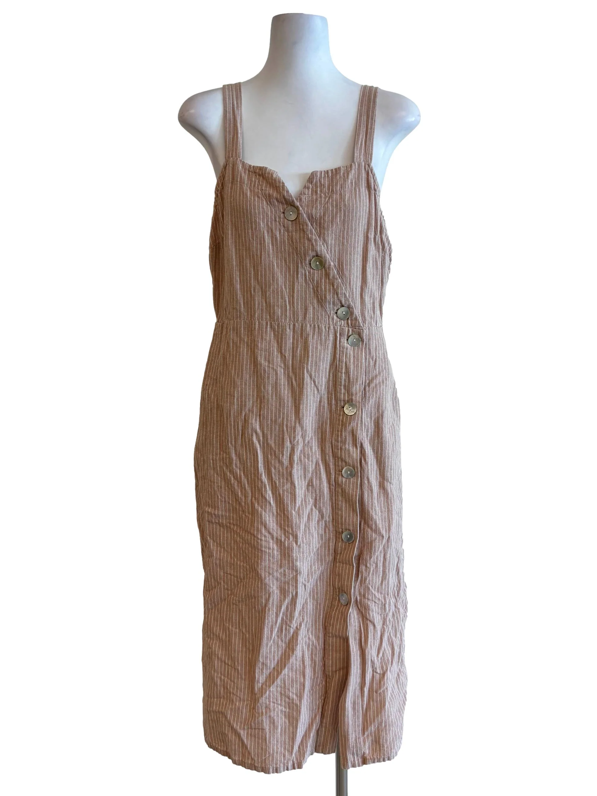 Wheat Striped Apron Neck Button Dress