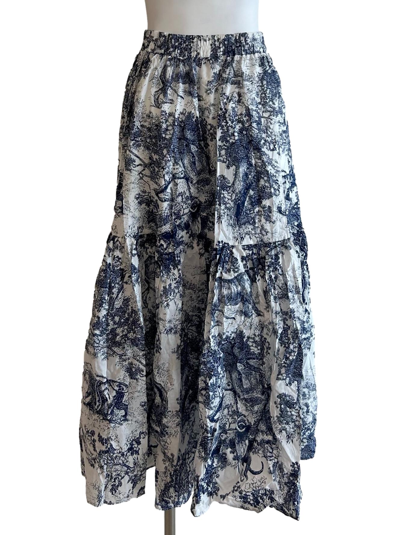 White And Dark Blue Printed Tiered Skirt - Image 2