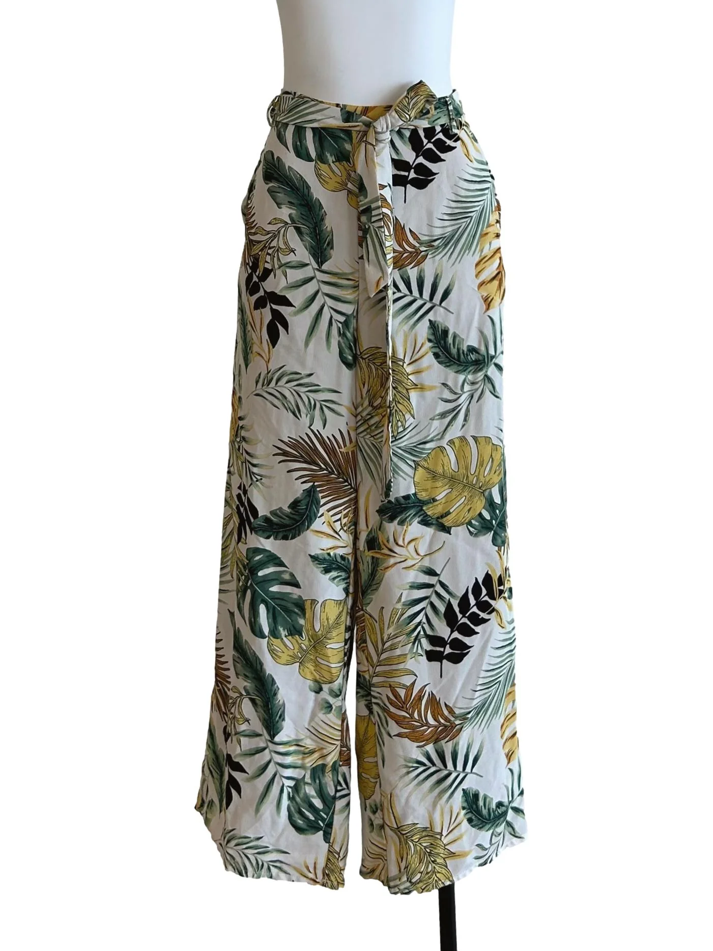 White And Green Leaf Print Pants