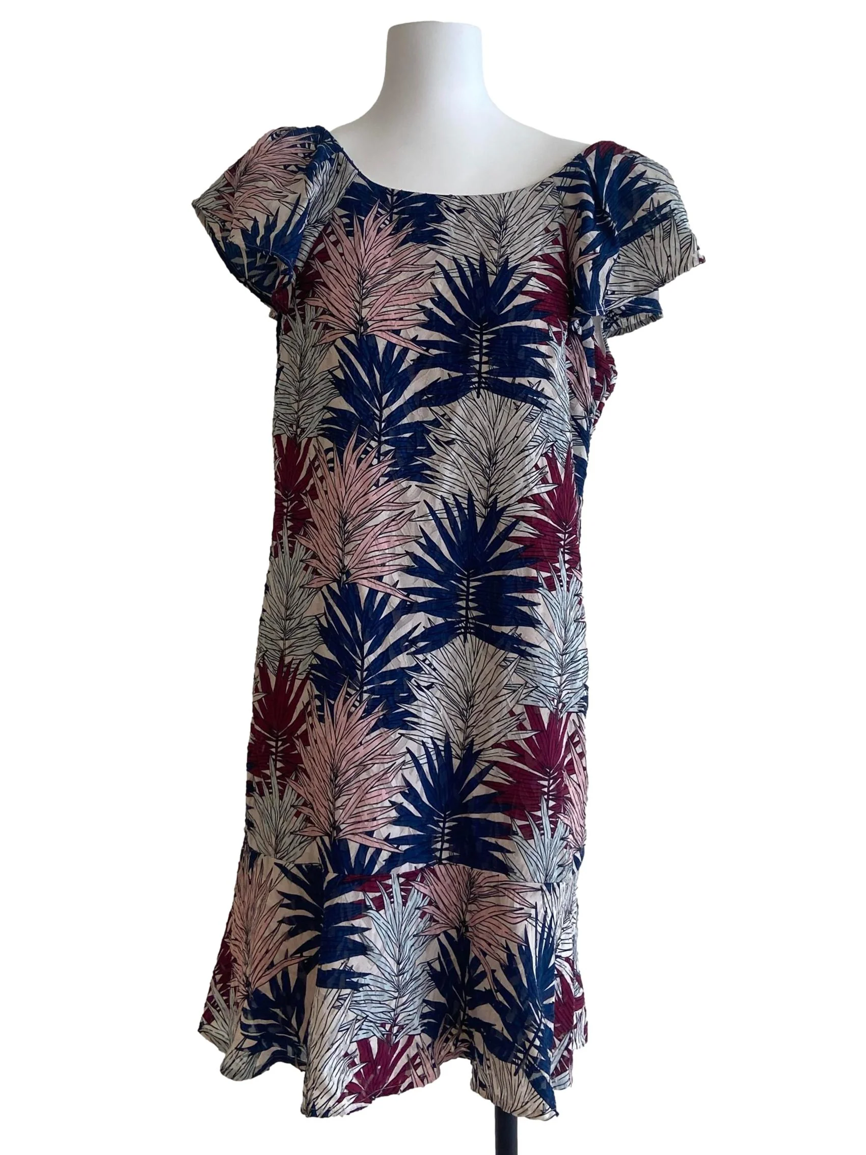 White & Colorful Floral Jewel Neck Drop Waist Dress