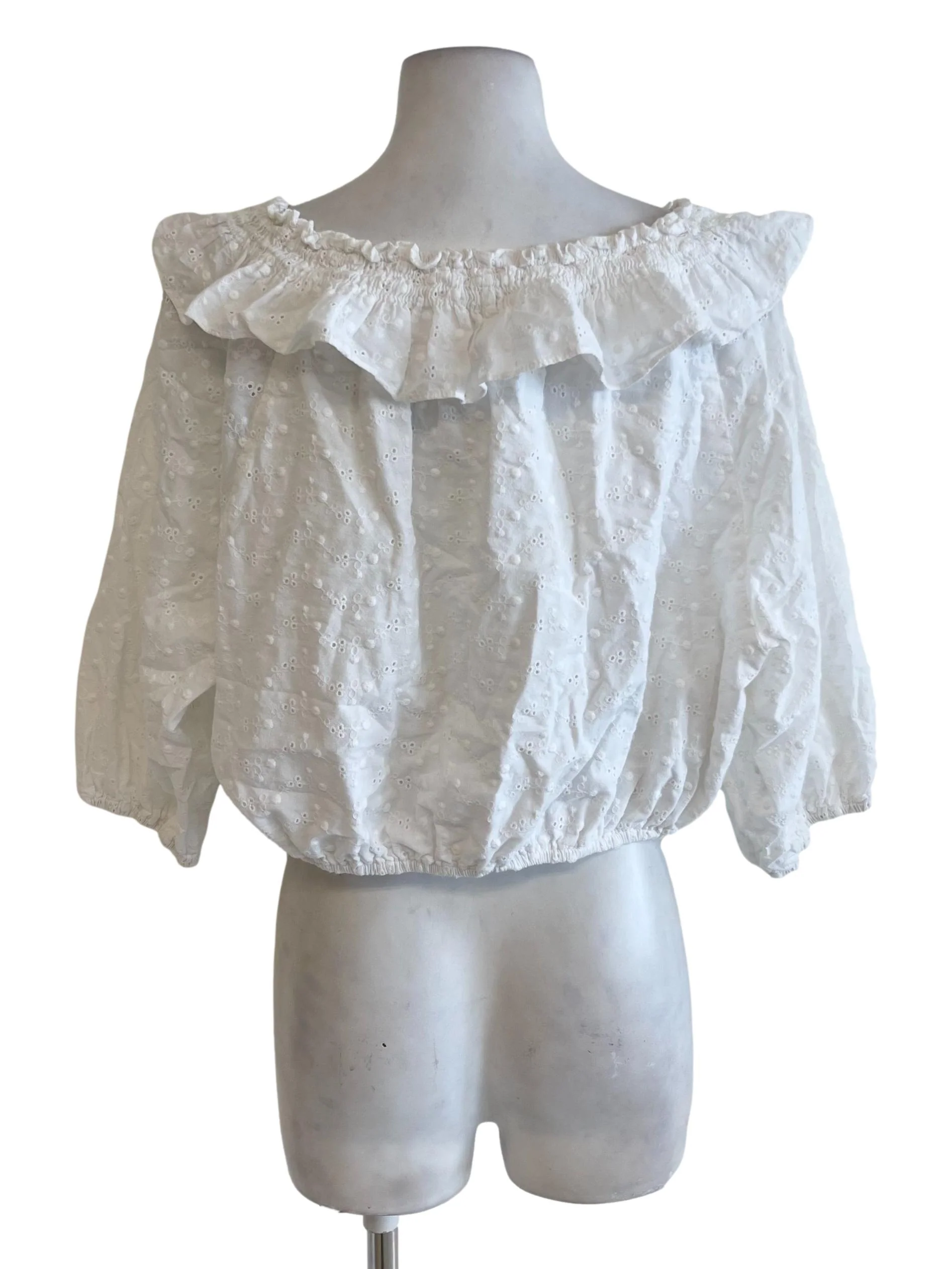 White Eyelet Crochet Ruffle Neck Blouse - Image 2