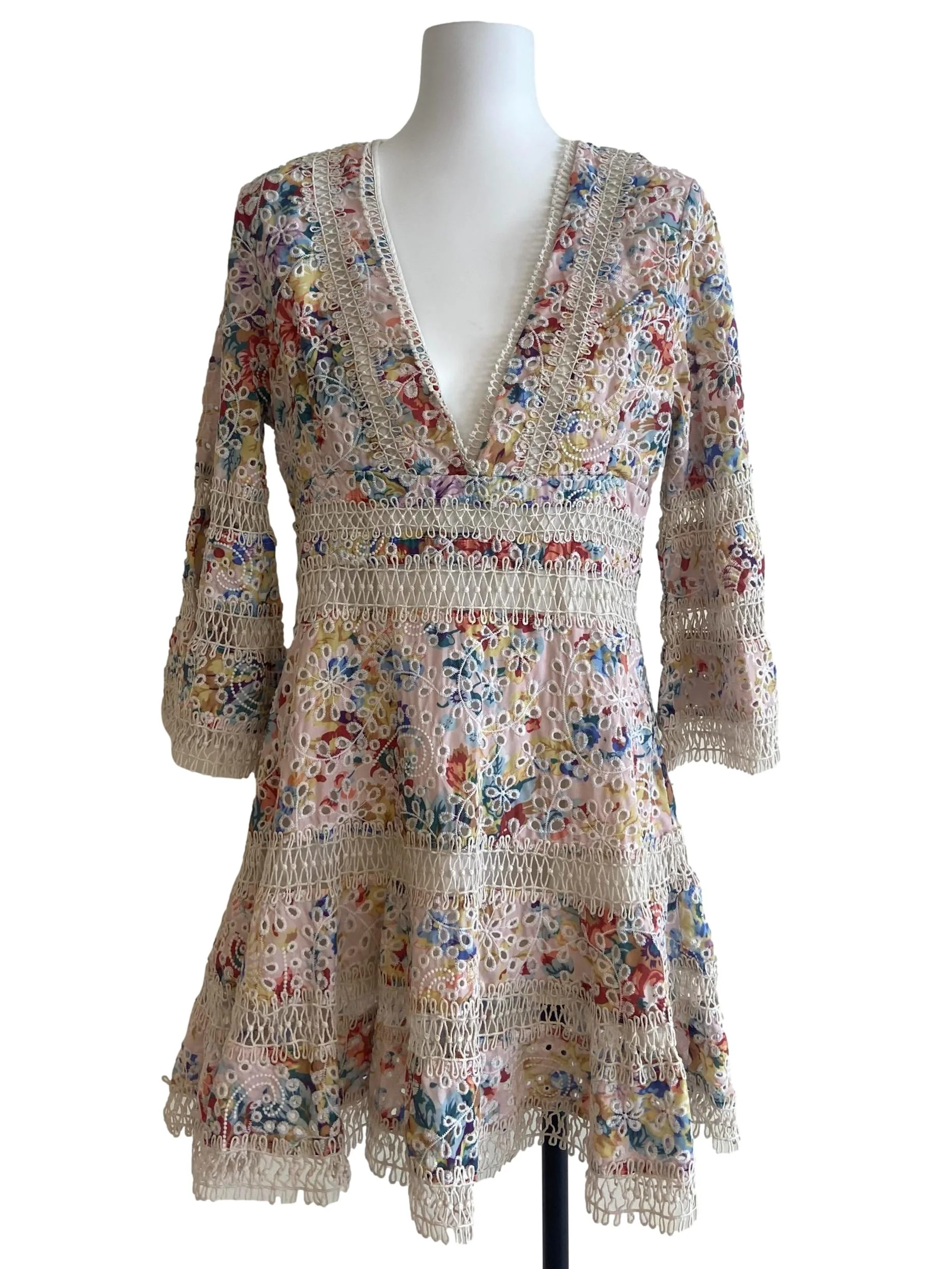 Multicolor Floral Embroidery V Neck Dress
