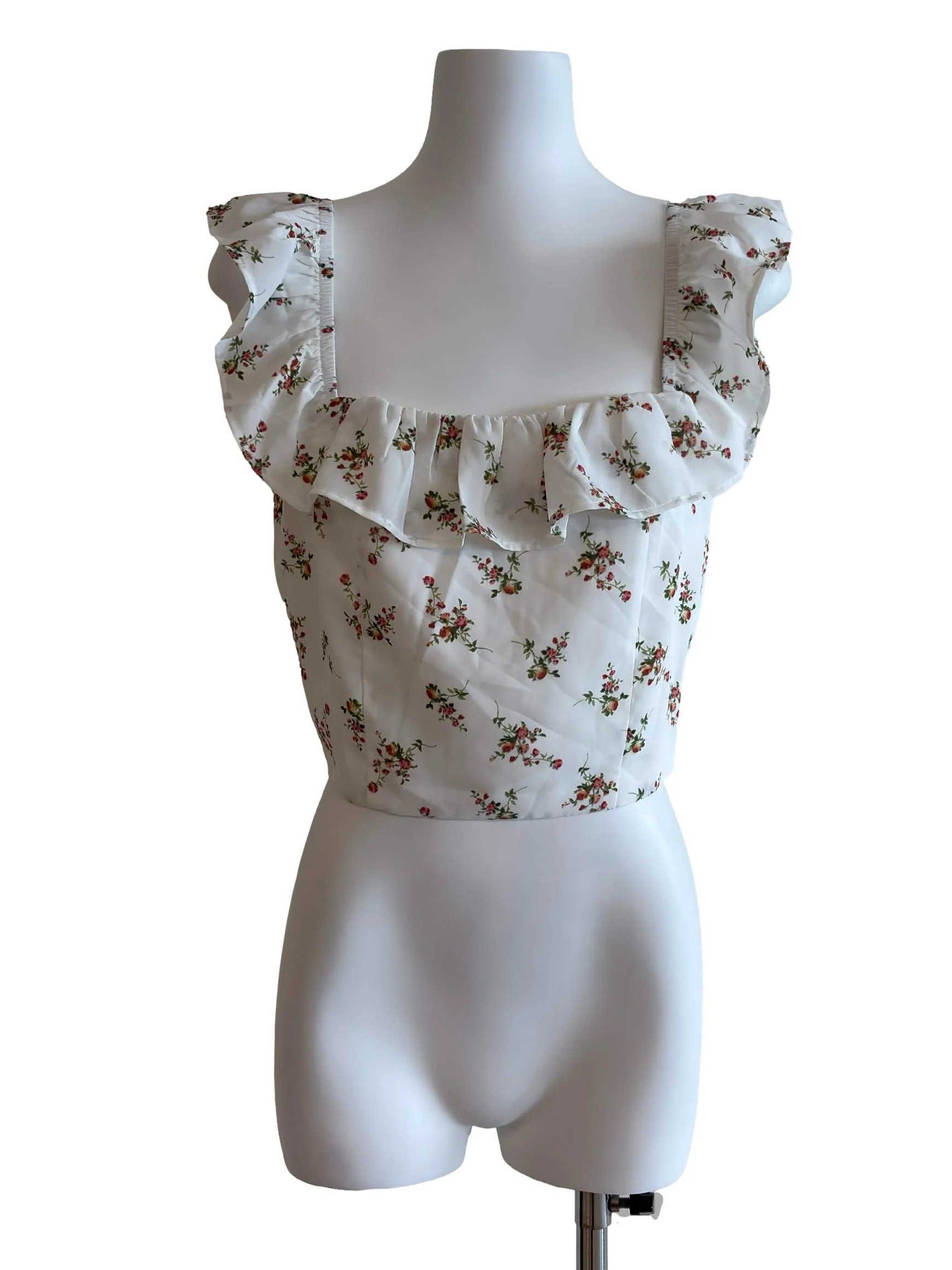 White Floral Ruffle Crop Top