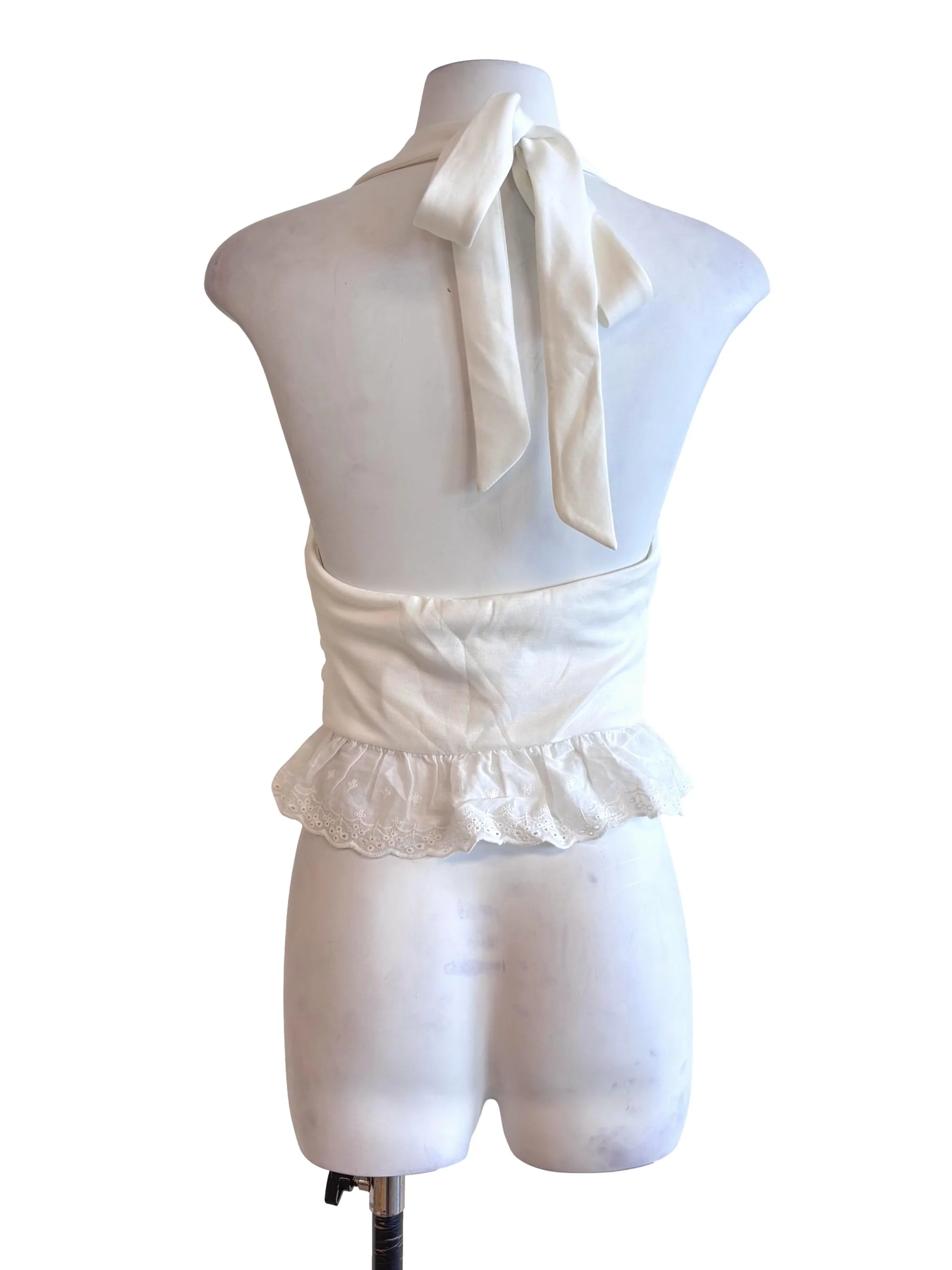 White Lace Trim Halter Tie Strap Top - Image 2