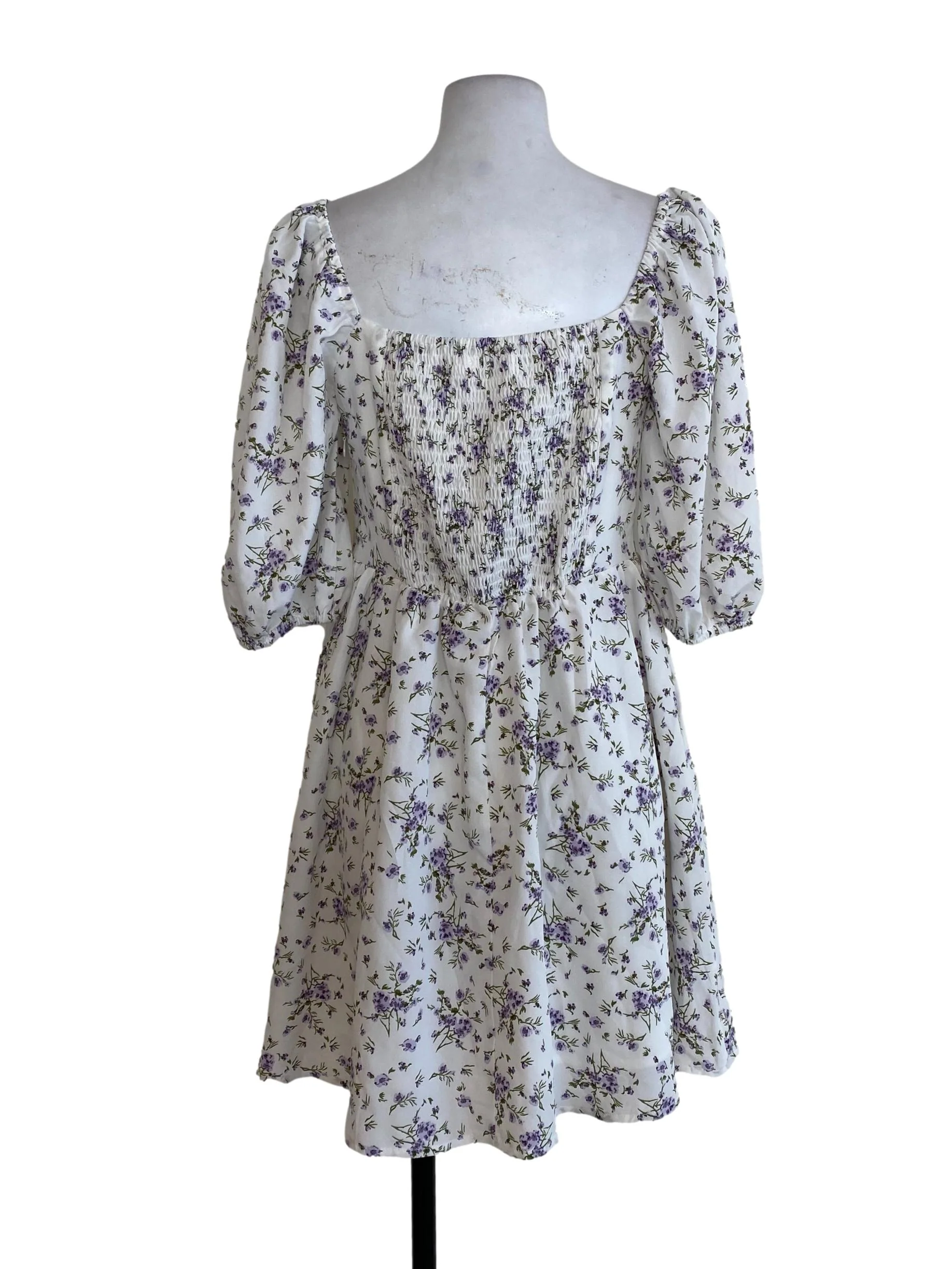 White Purple Floral Blouson Dress - Image 2
