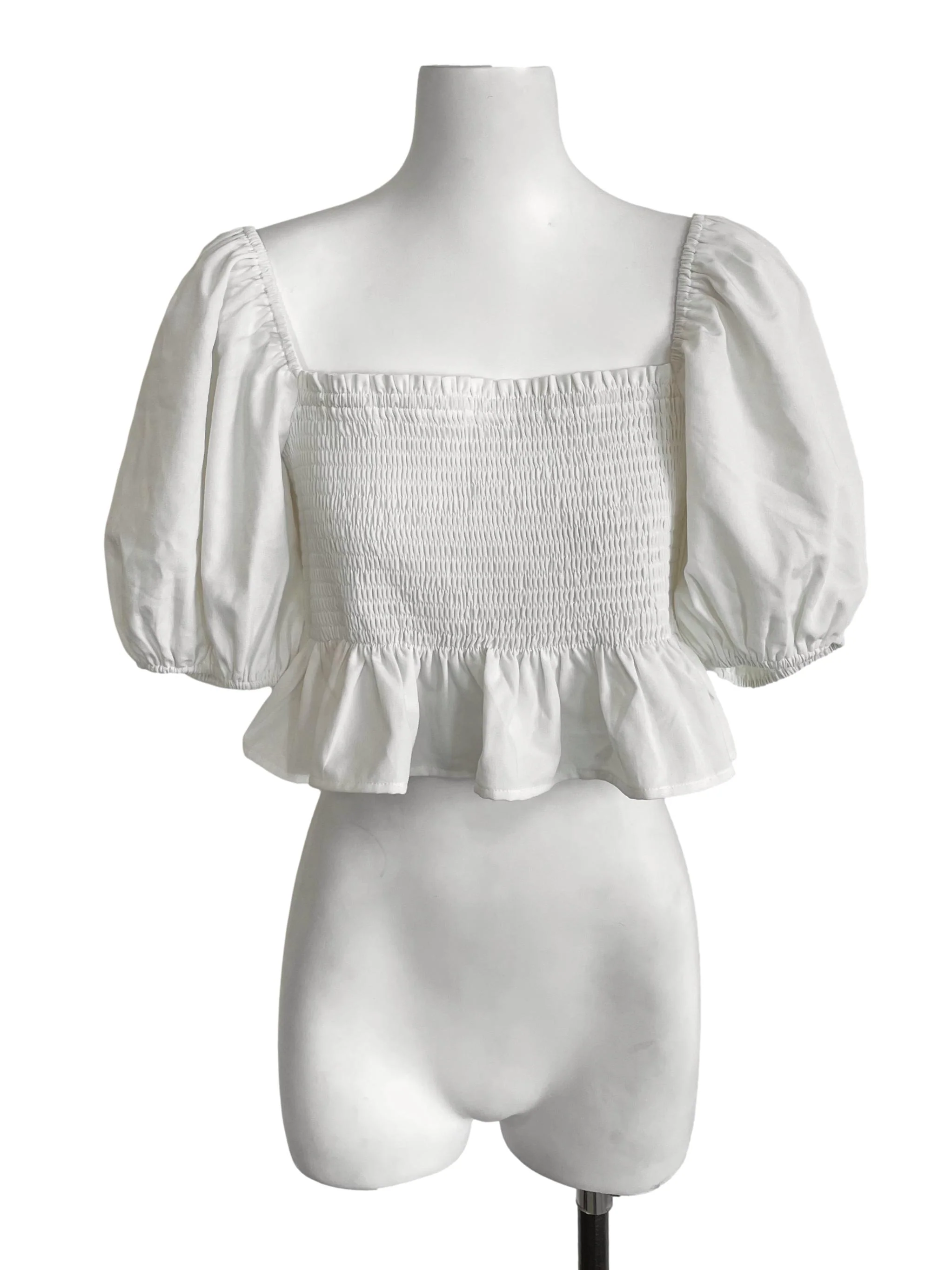 White Shirred Peplum Top