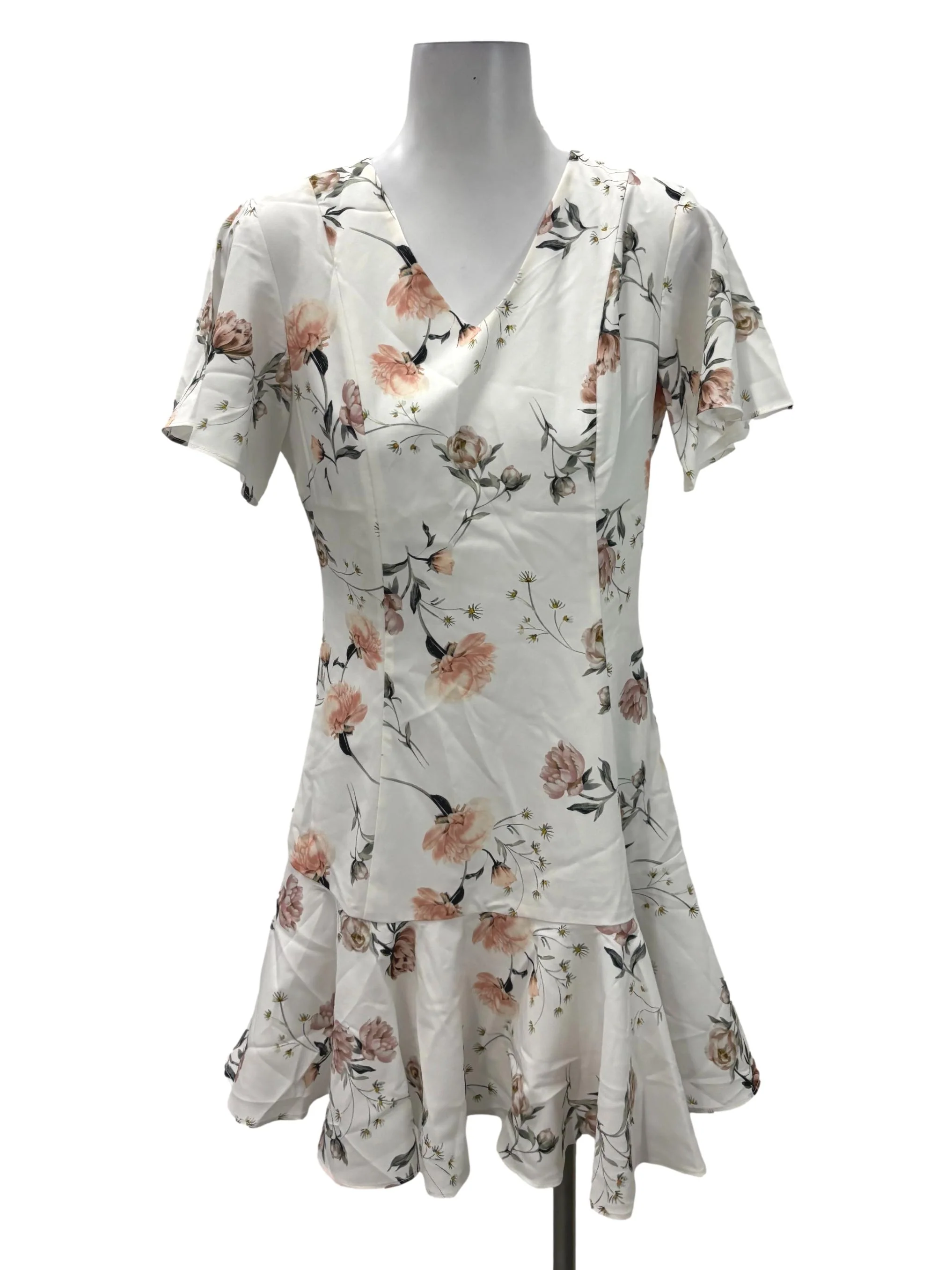 White V-Neck Floral Ruffle Mini Dress