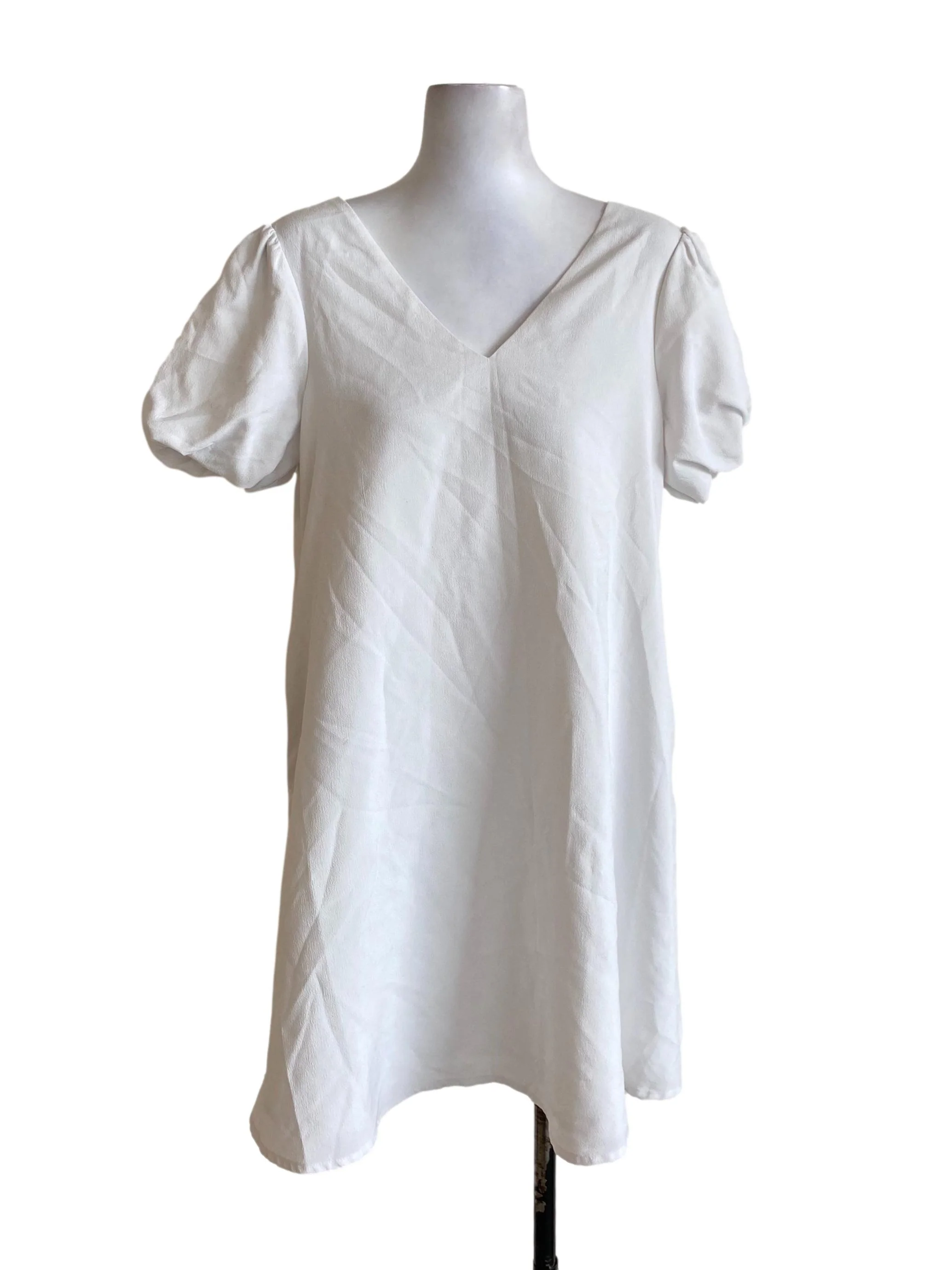 White V-Neck Short Puffed Sleeved Dress