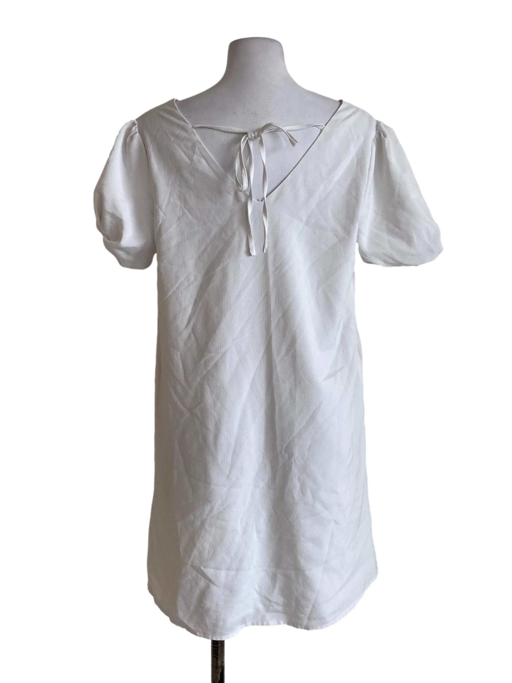 White V-Neck Short Puffed Sleeved Dress - Image 2