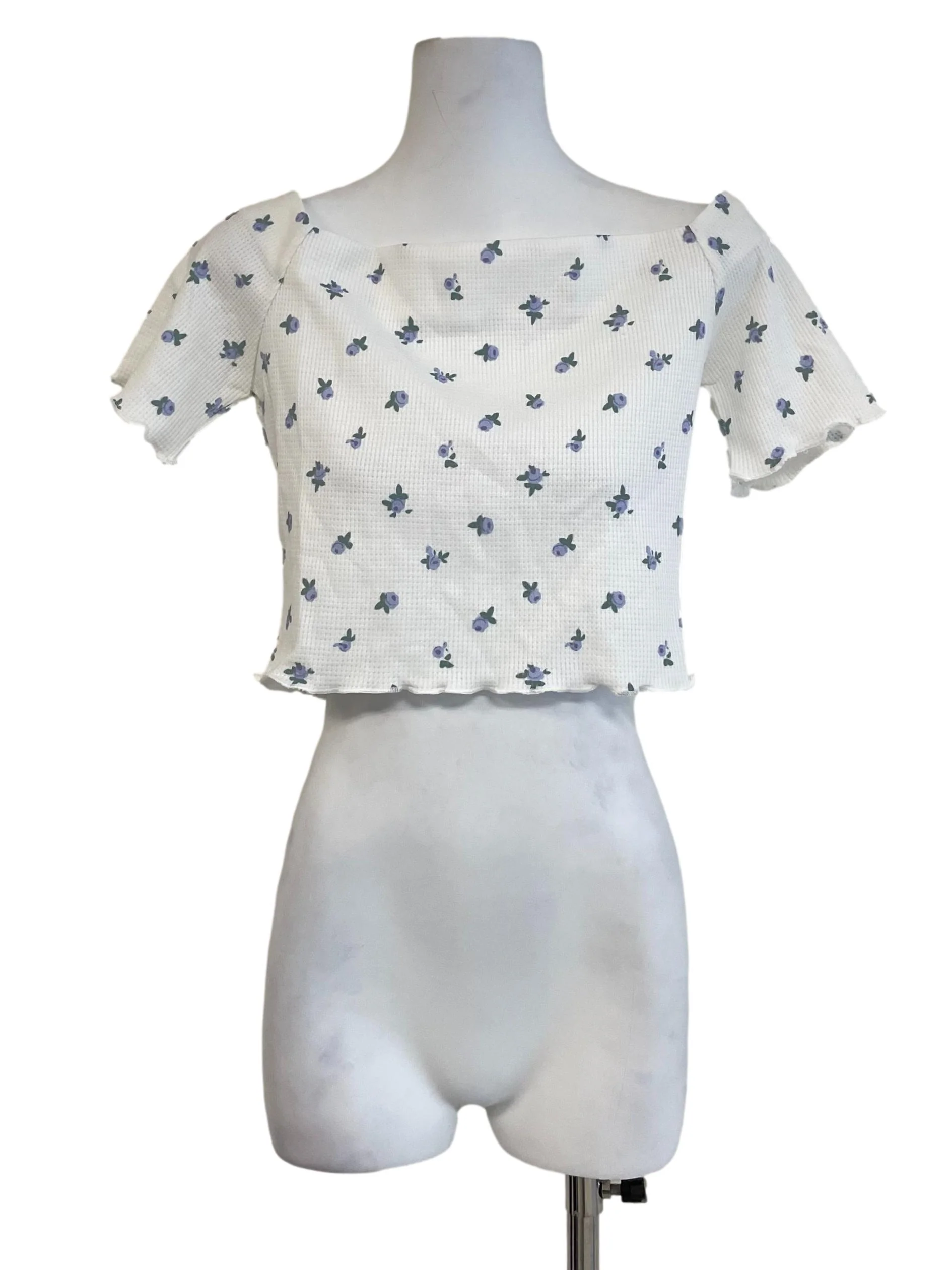 White Wide Neck Floral Crop Top