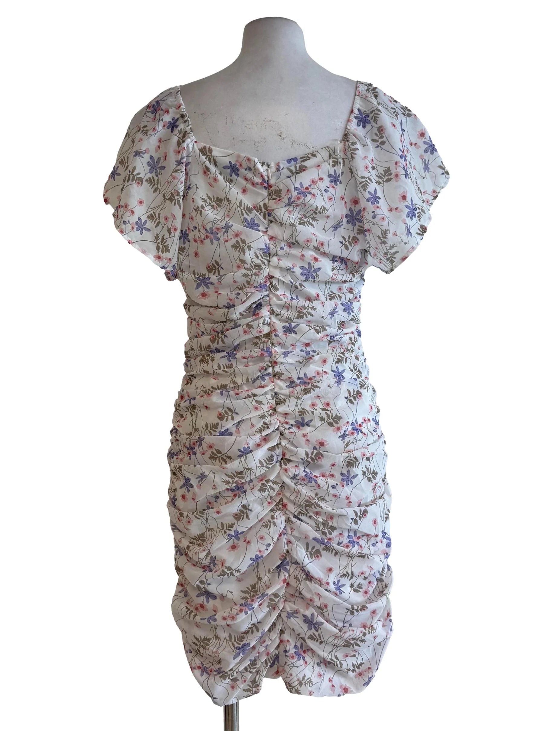 White With Purple And Pink Floral Motif Bodycon Dress - Image 2