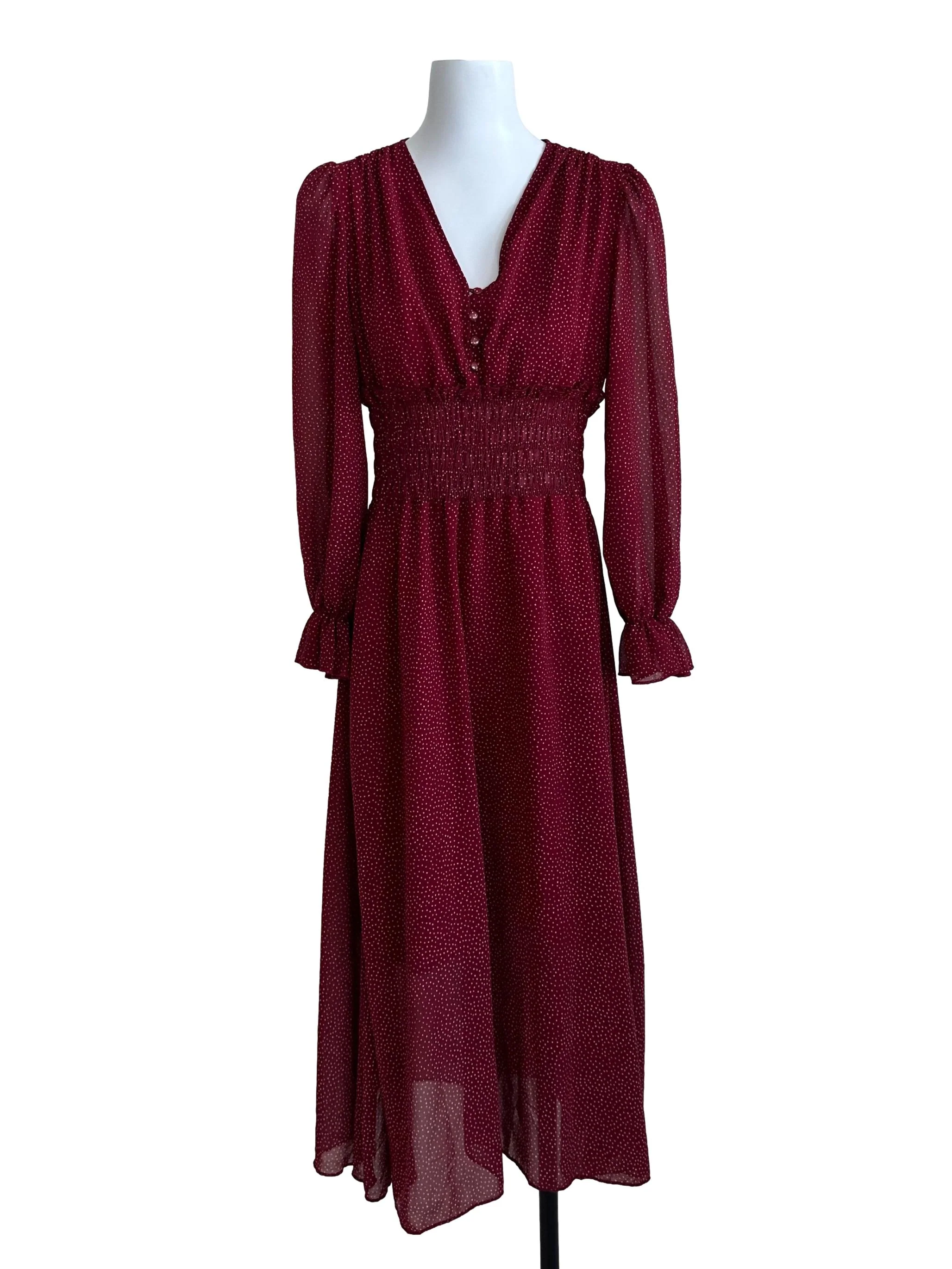 Wine Red Polka Dot Pattern V Neck Dress