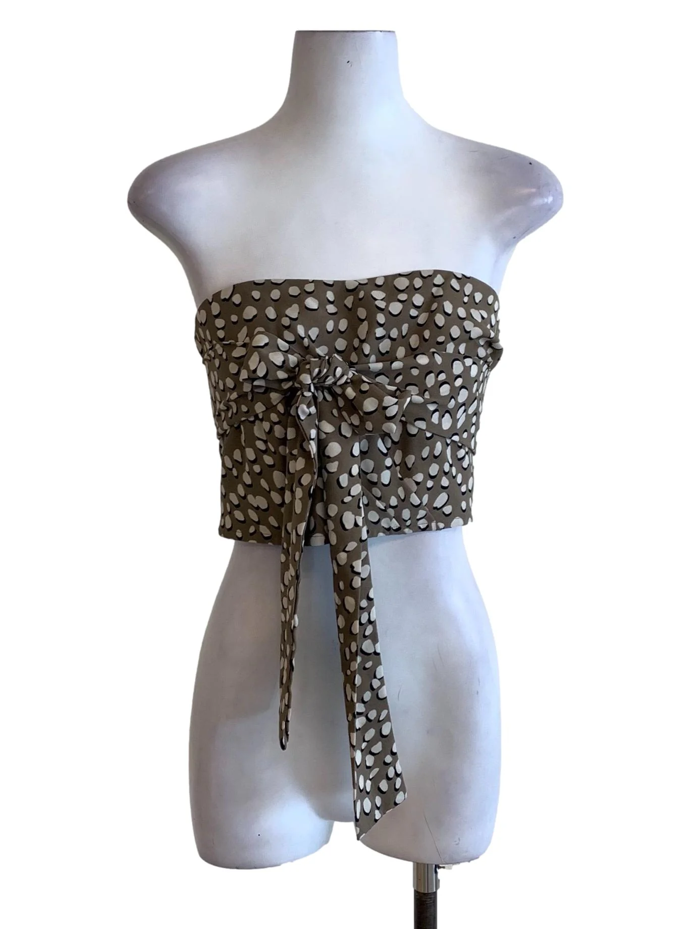 Wood Brown Leopard Pattern Strapless Tie-Front Tube Top