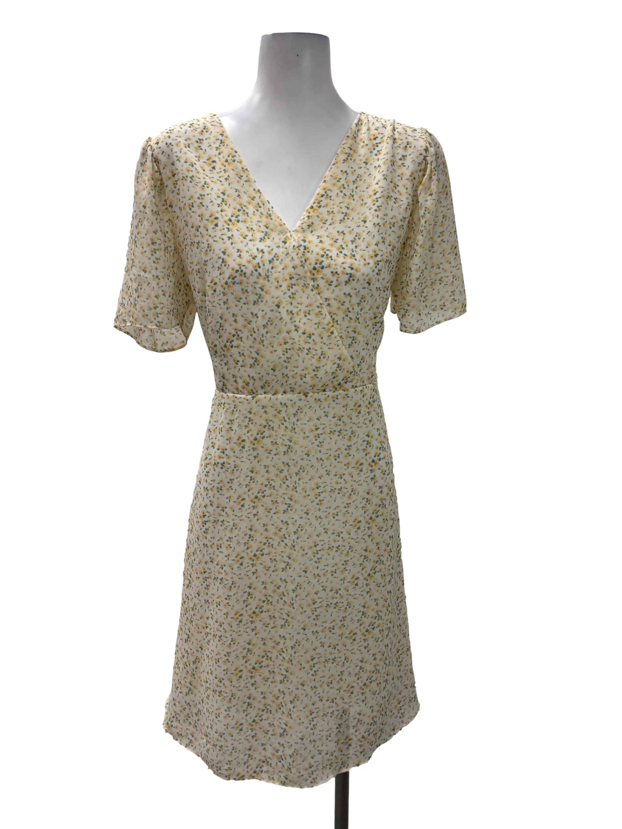 Yellow V-Neck Floral Wrap Mini Dress