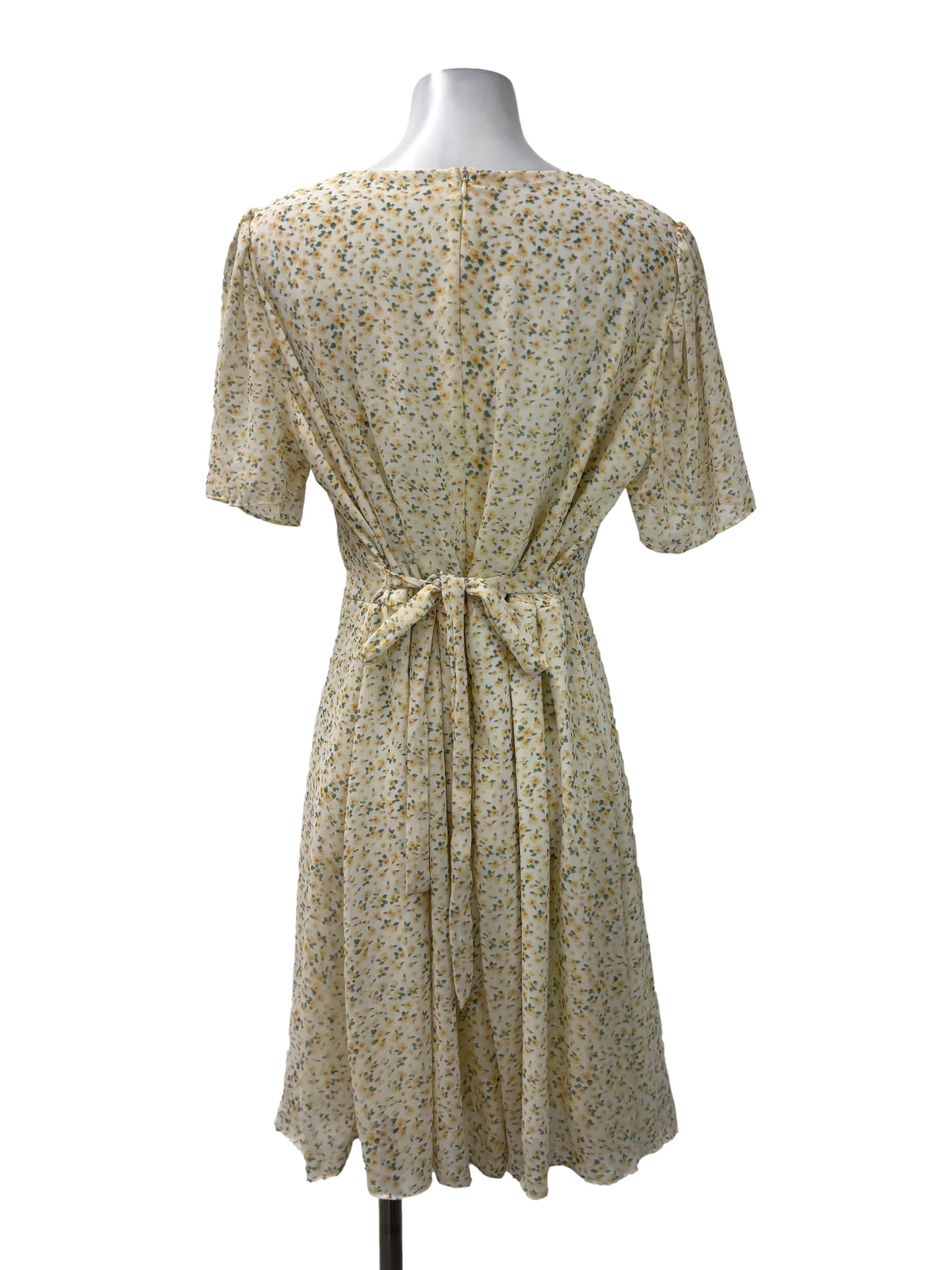 Yellow V-Neck Floral Wrap Mini Dress - Image 2